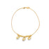A delicate gold charm bracelet displays three charming elephant charms hanging below a row of golden beads against a white background.