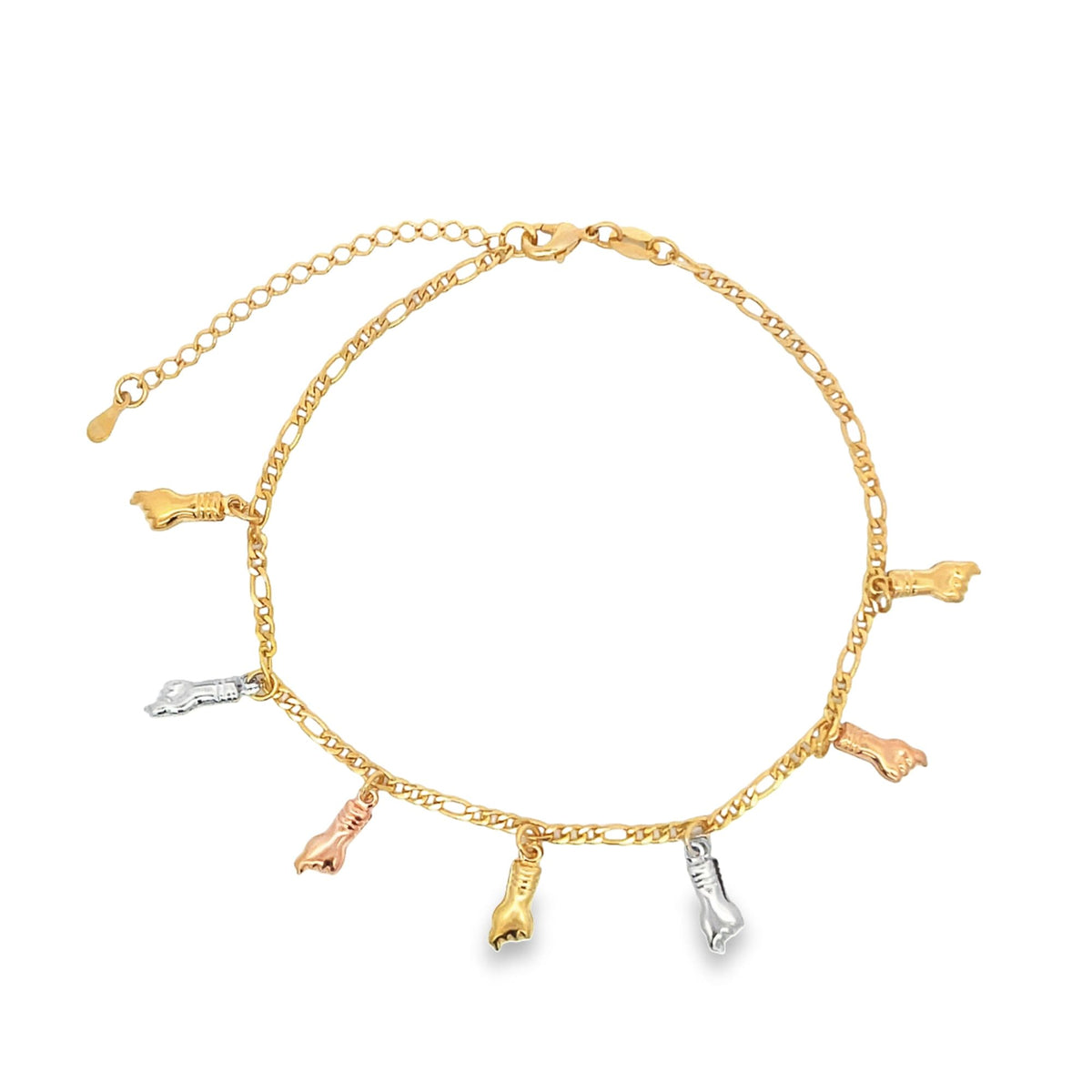A gold chain bracelet features hanging fist charms in yellow, rose, and white gold against a white background.