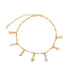 A gold chain bracelet features hanging fist charms in yellow, rose, and white gold against a white background.