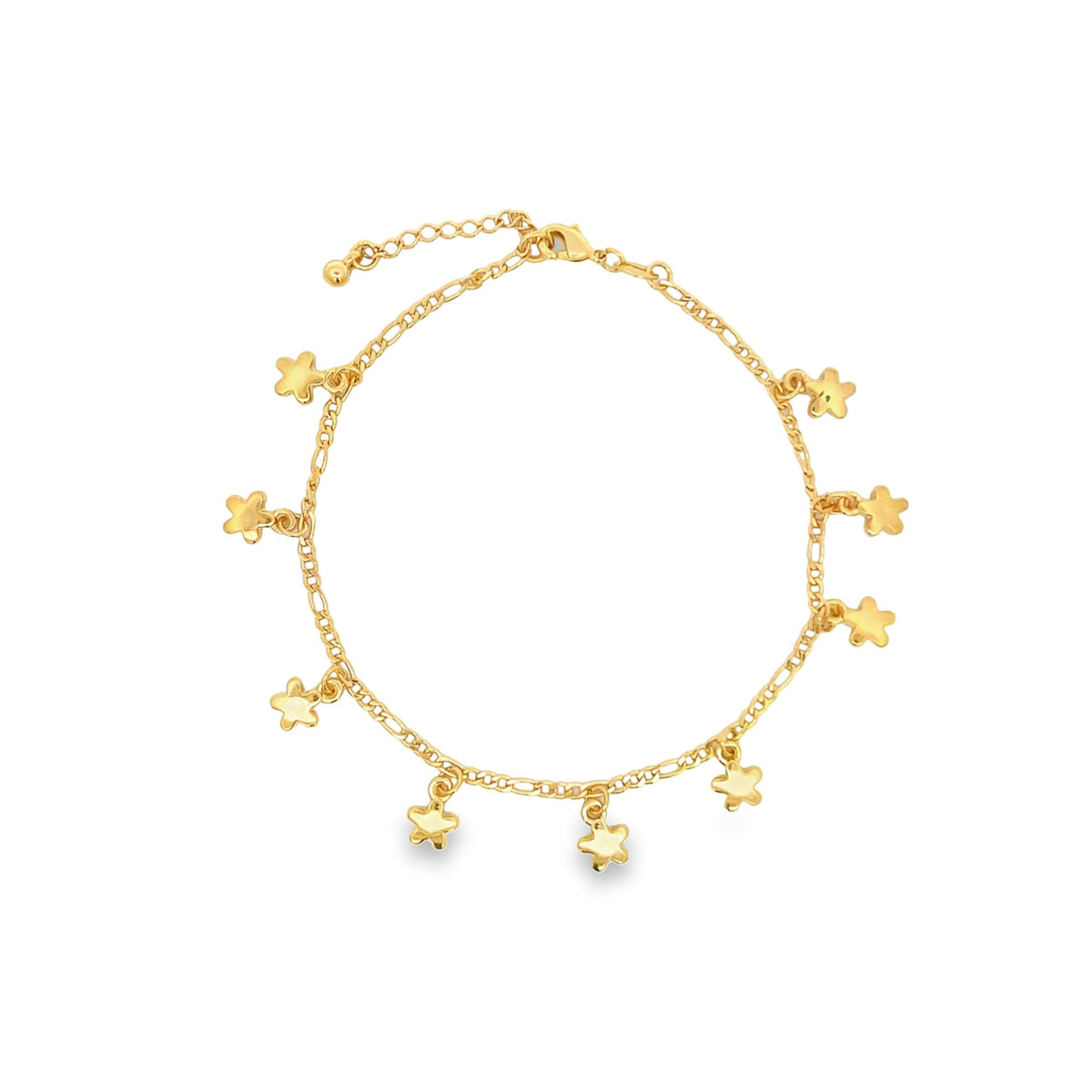 A delicate gold chain bracelet features hanging star charms against a clean white background.