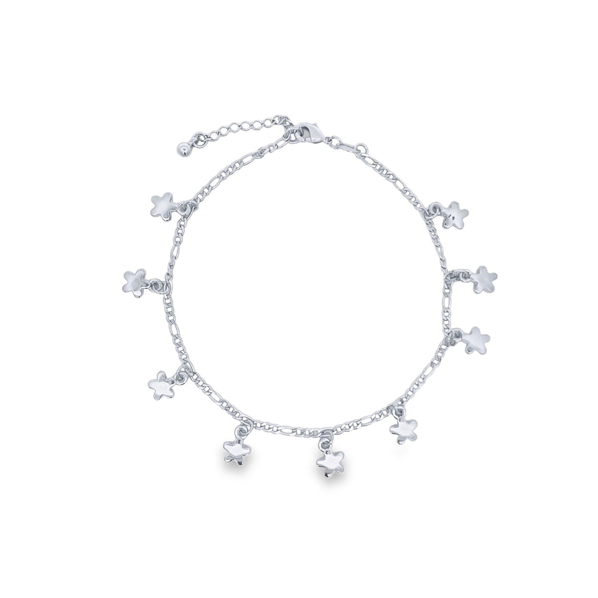 A silver star charm anklet displays delicate flower-shaped charms dangling along a Figaro chain.