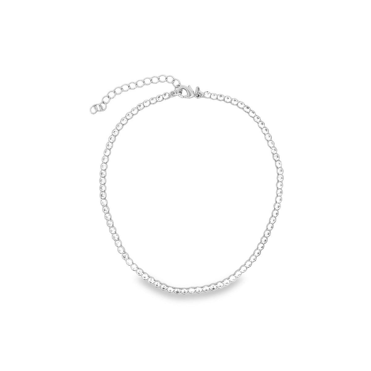 A sparkling silver tennis necklace rests gracefully on a clean white background.