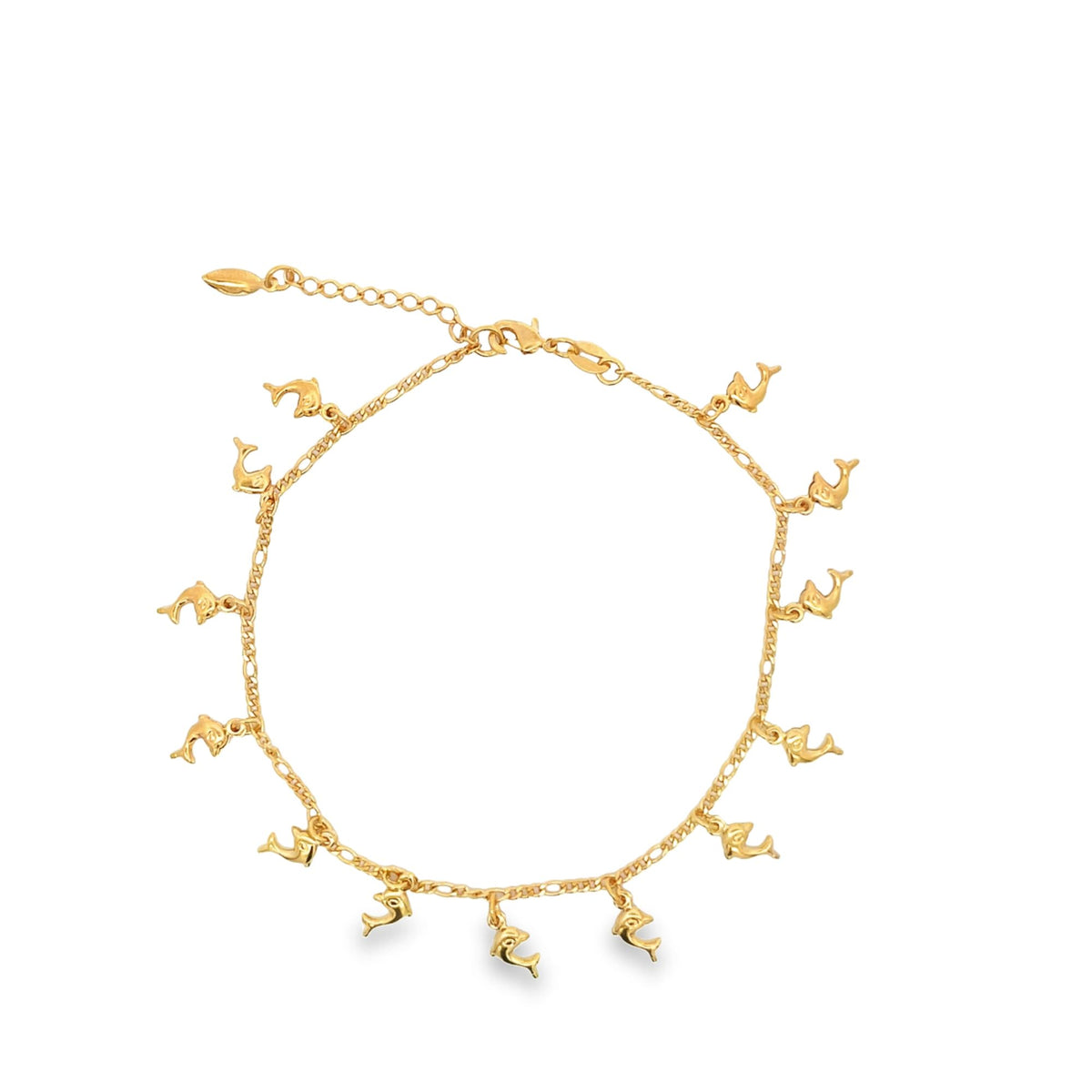 A delicate gold anklet features multiple dangling dolphin charms arranged along the chain against a white background.