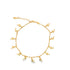 A delicate gold anklet features multiple dangling dolphin charms arranged along the chain against a white background.