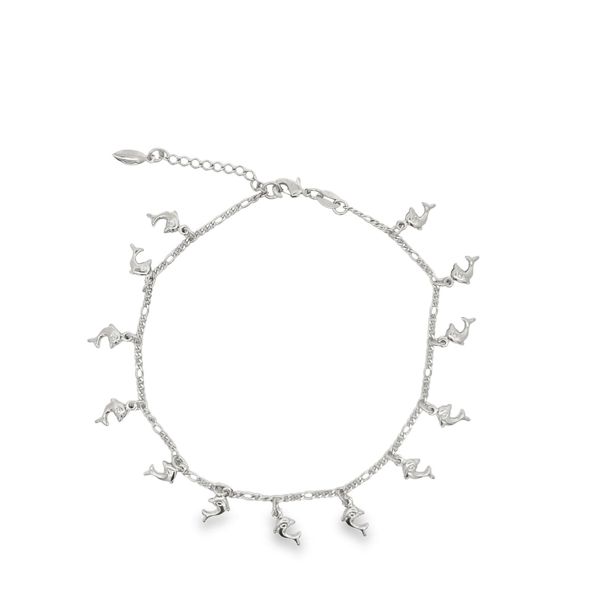 A delicate silver dolphin charm anklet rests on a clean white background.