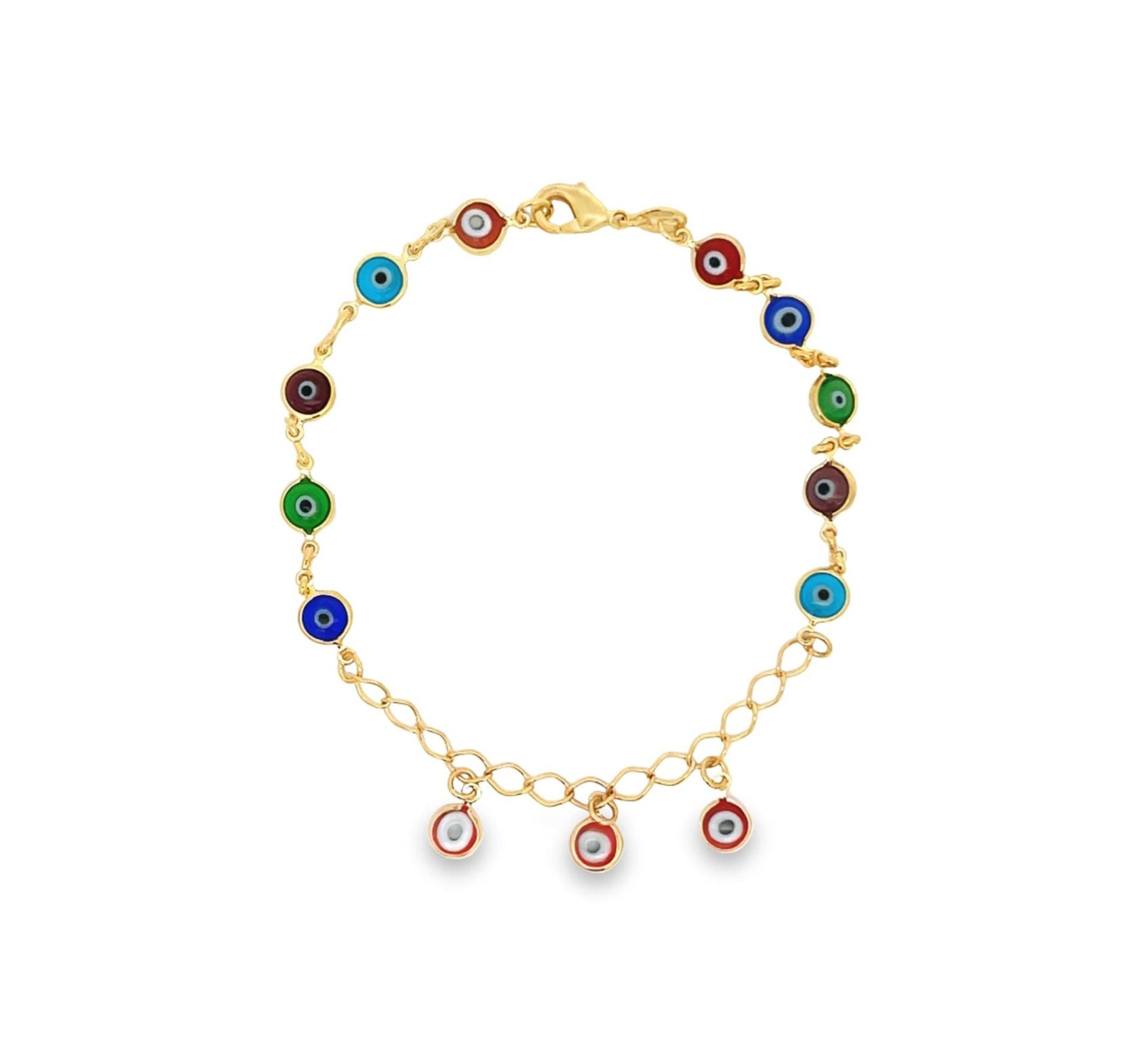 A gold chain bracelet features vibrant, multi-colored evil eye charms spaced along the band with three dangling charms at the bottom.