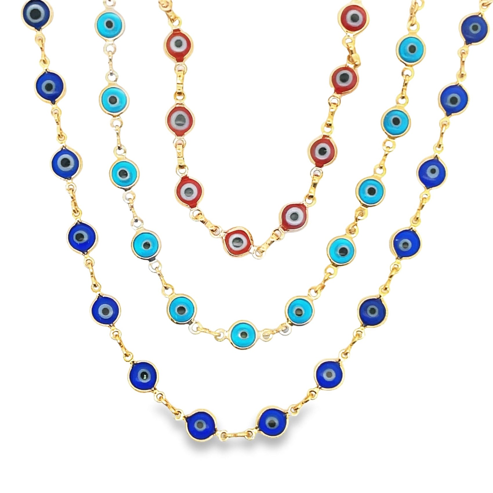 Three gold chains feature blue and red evil eye charms against a white background.