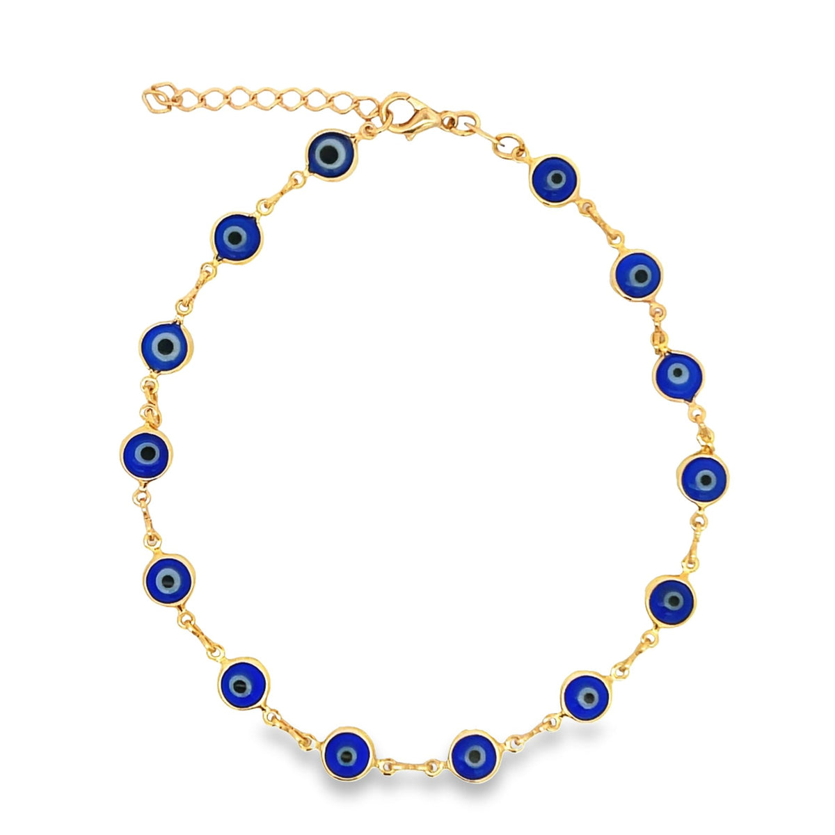 A gold evil eye anklet features a delicate chain adorned with multiple blue and white glass amulet beads.