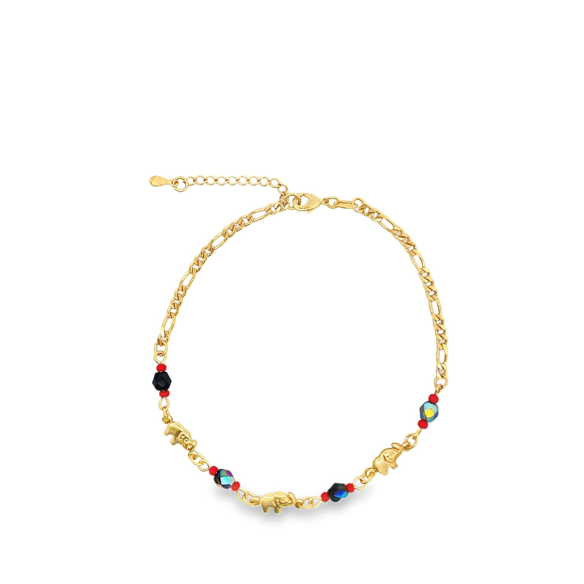 A gold chain anklet features three small elephant charms interspersed with colorful crystal and red beads against a clean white background.