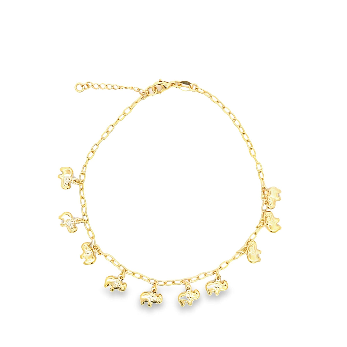 A delicate gold charm bracelet displays dangling elephant charms against a plain white background.