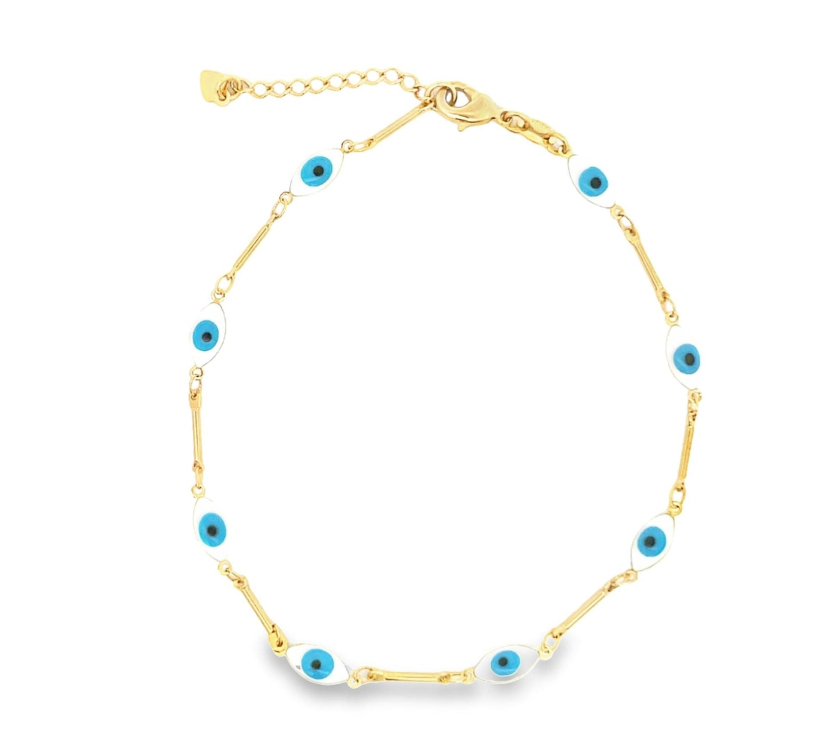 A delicate gold chain bracelet features enamel evil eye charms spaced along its length against a white background.
