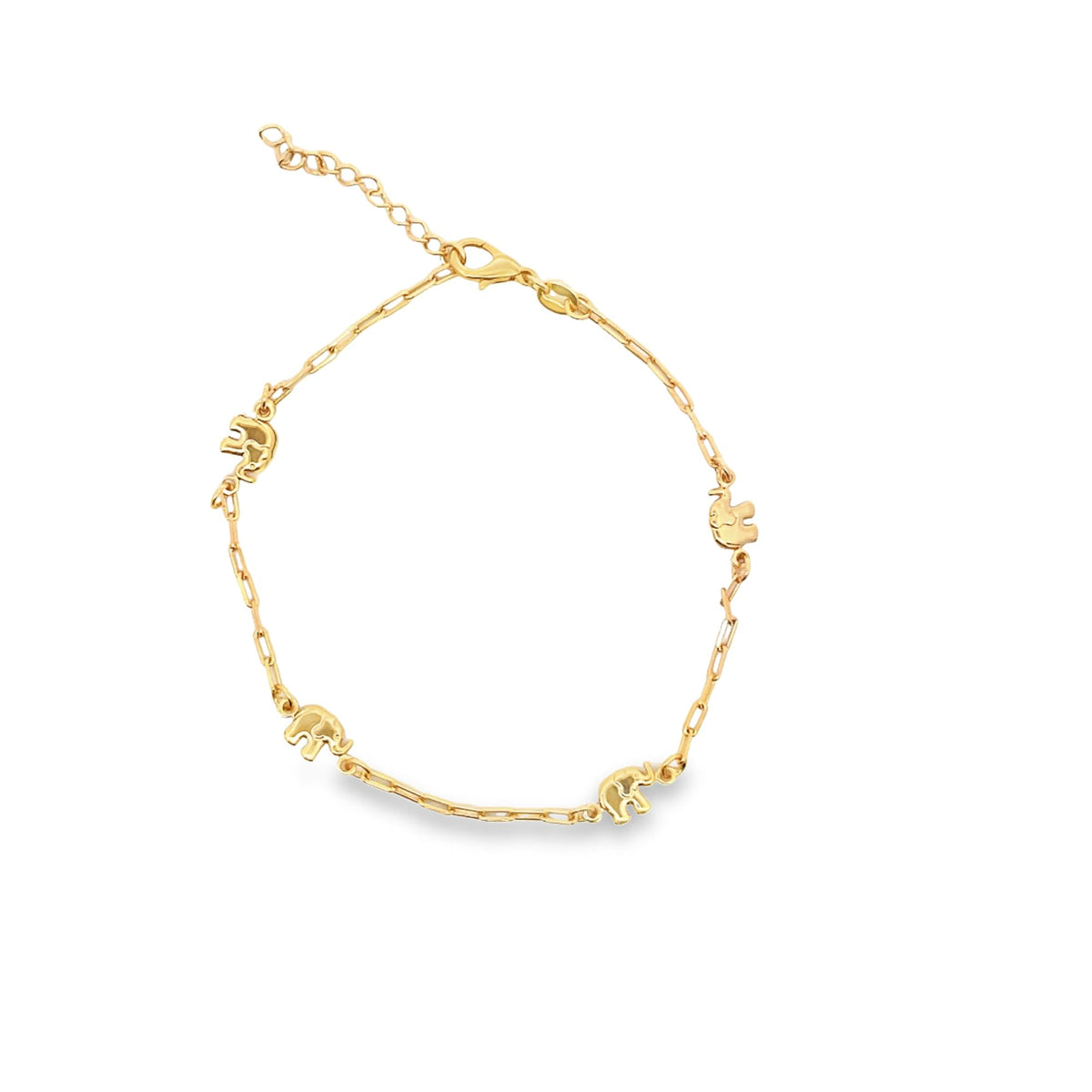 A delicate gold chain bracelet features cute elephant charms spaced along the links against a clean white background.