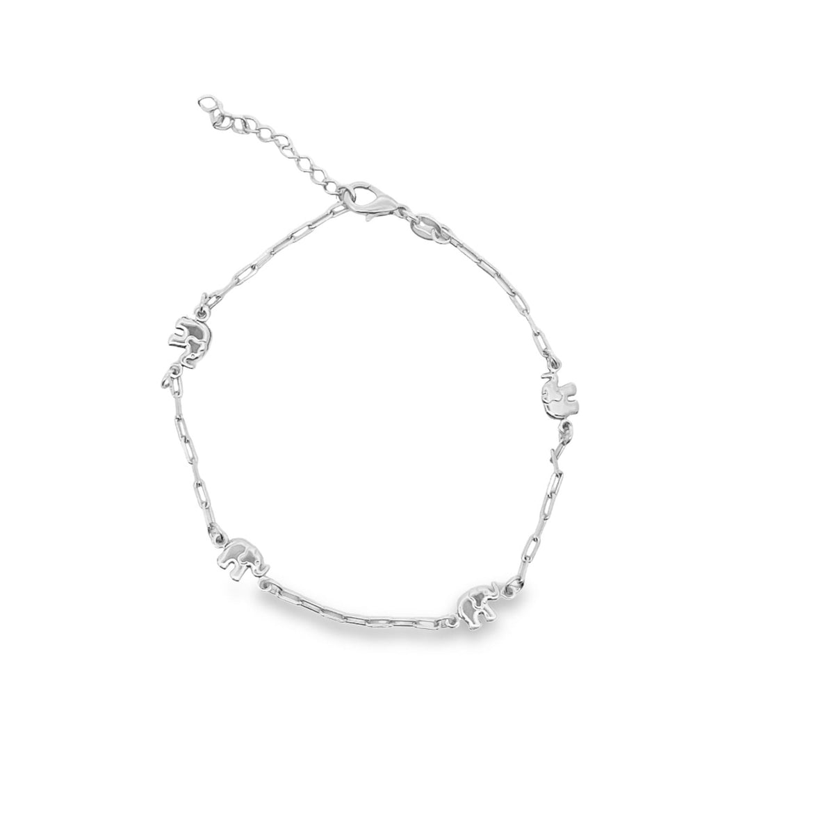 A delicate silver link bracelet features four charming elephant charms spaced evenly along the chain.