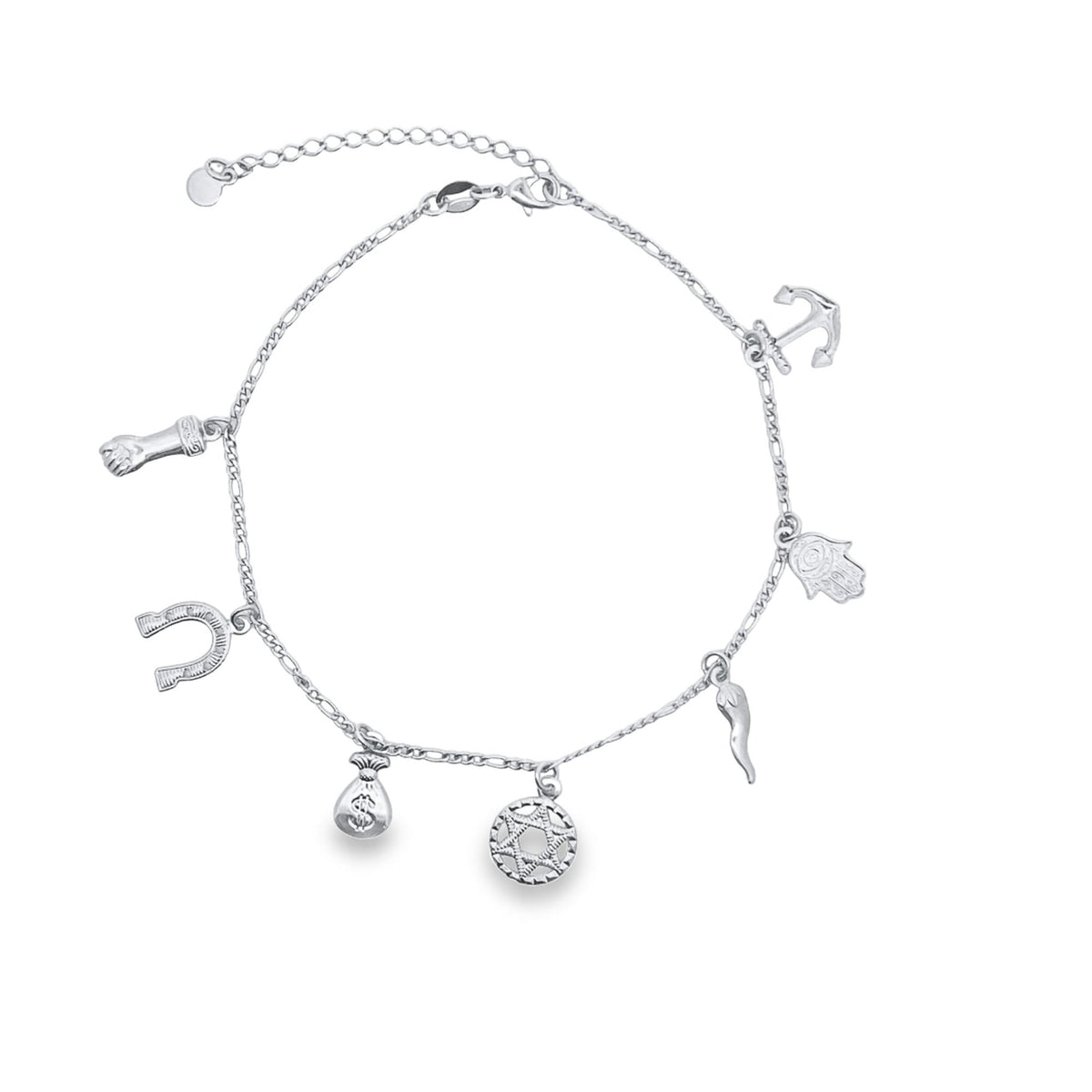 A sterling silver charm bracelet displays multiple lucky symbols, including a horseshoe, a money bag, and a Star of David, against a clean white background.