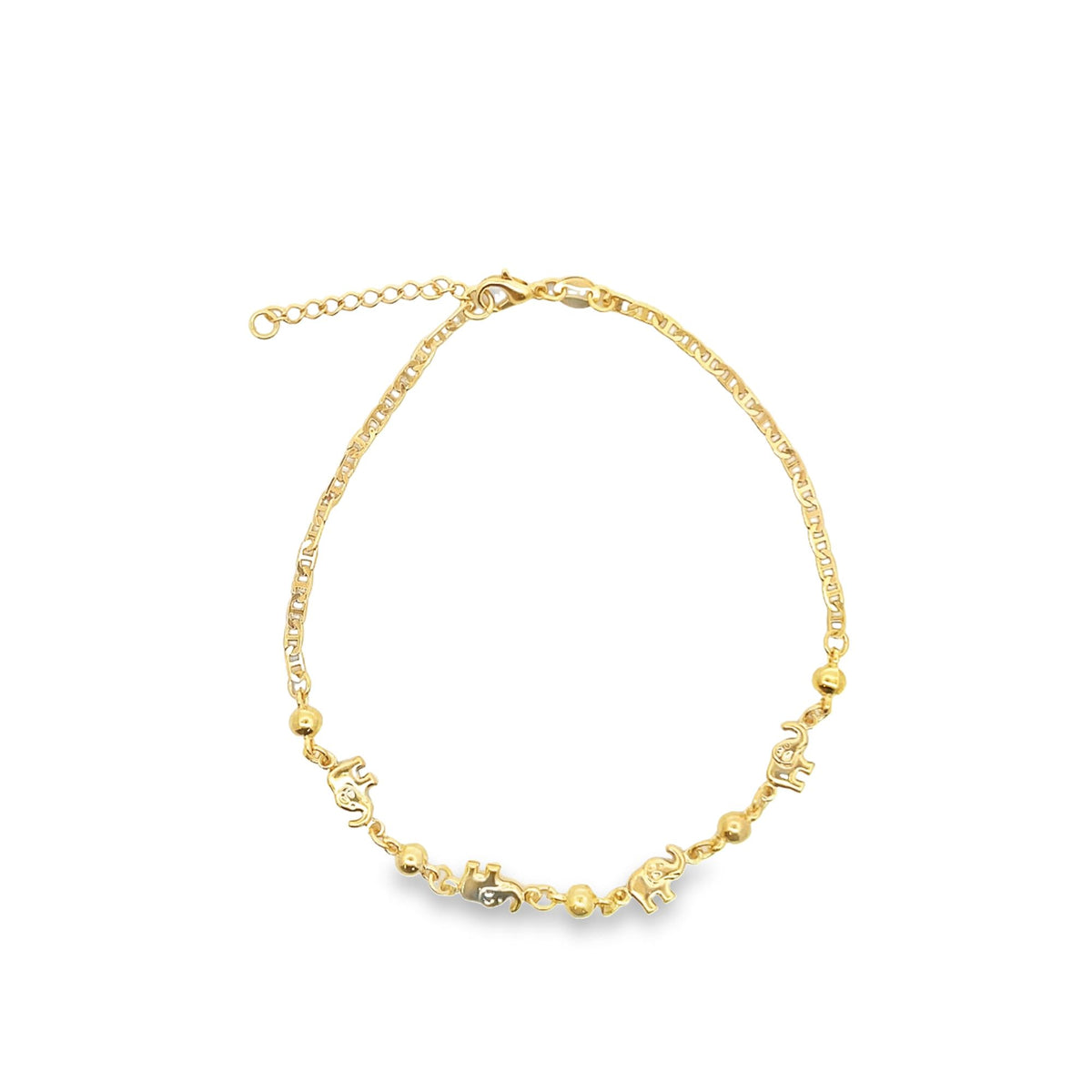 A gold elephant anklet features a delicate chain interspersed with tiny elephant charms and small beads.