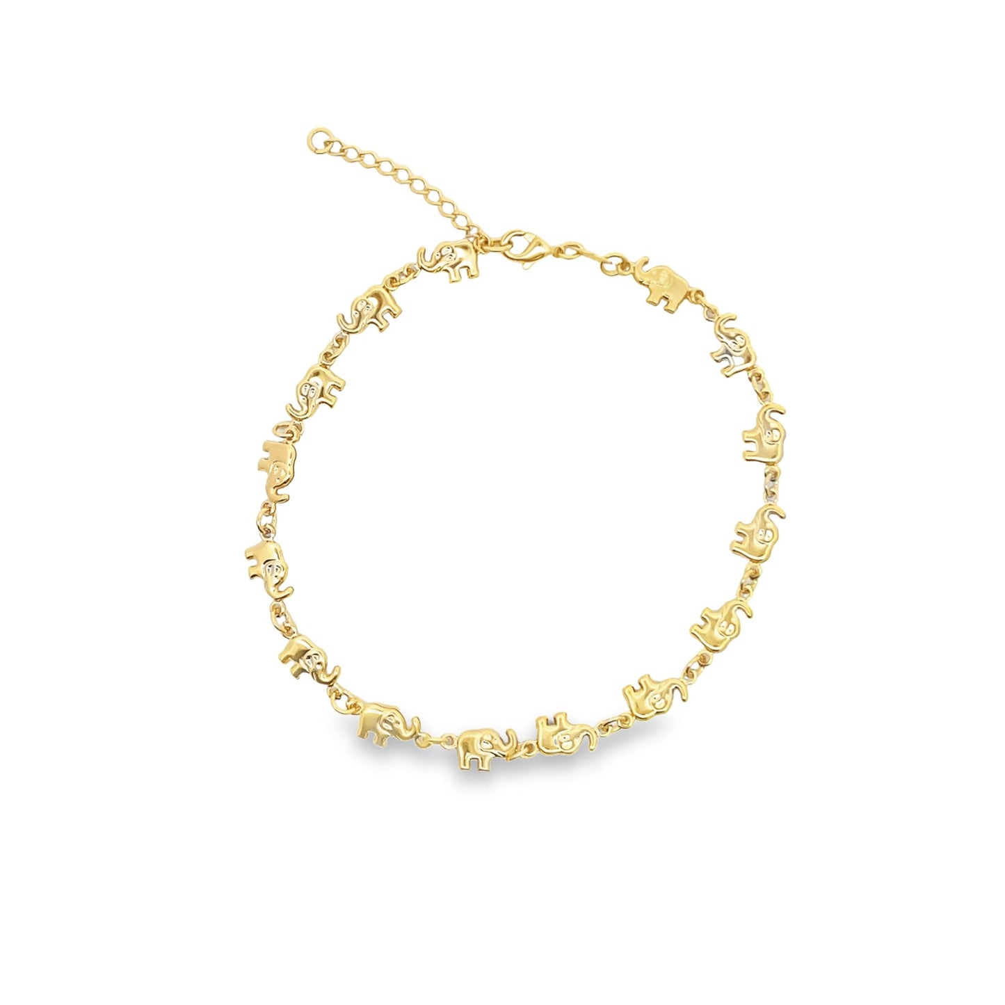 A delicate gold elephant charm bracelet rests against a clean white background.