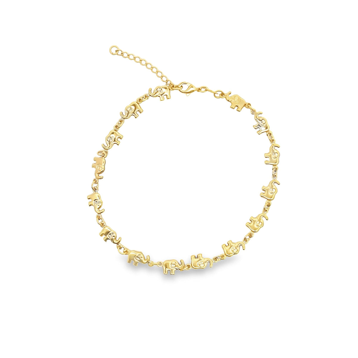 A delicate gold elephant charm bracelet rests against a clean white background.