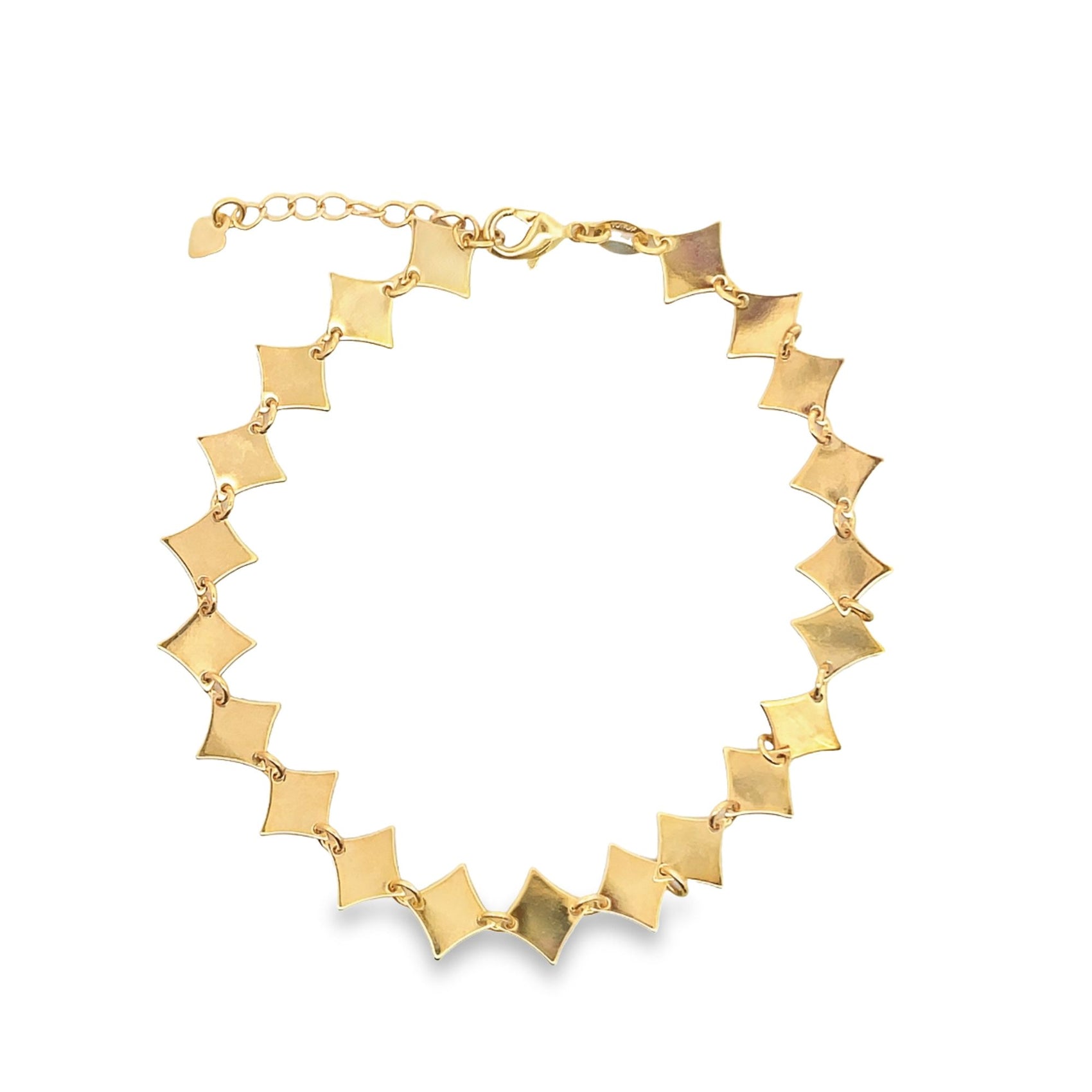 A gold chain bracelet features connected diamond-shaped metal plates arranged in a circle against a white background.