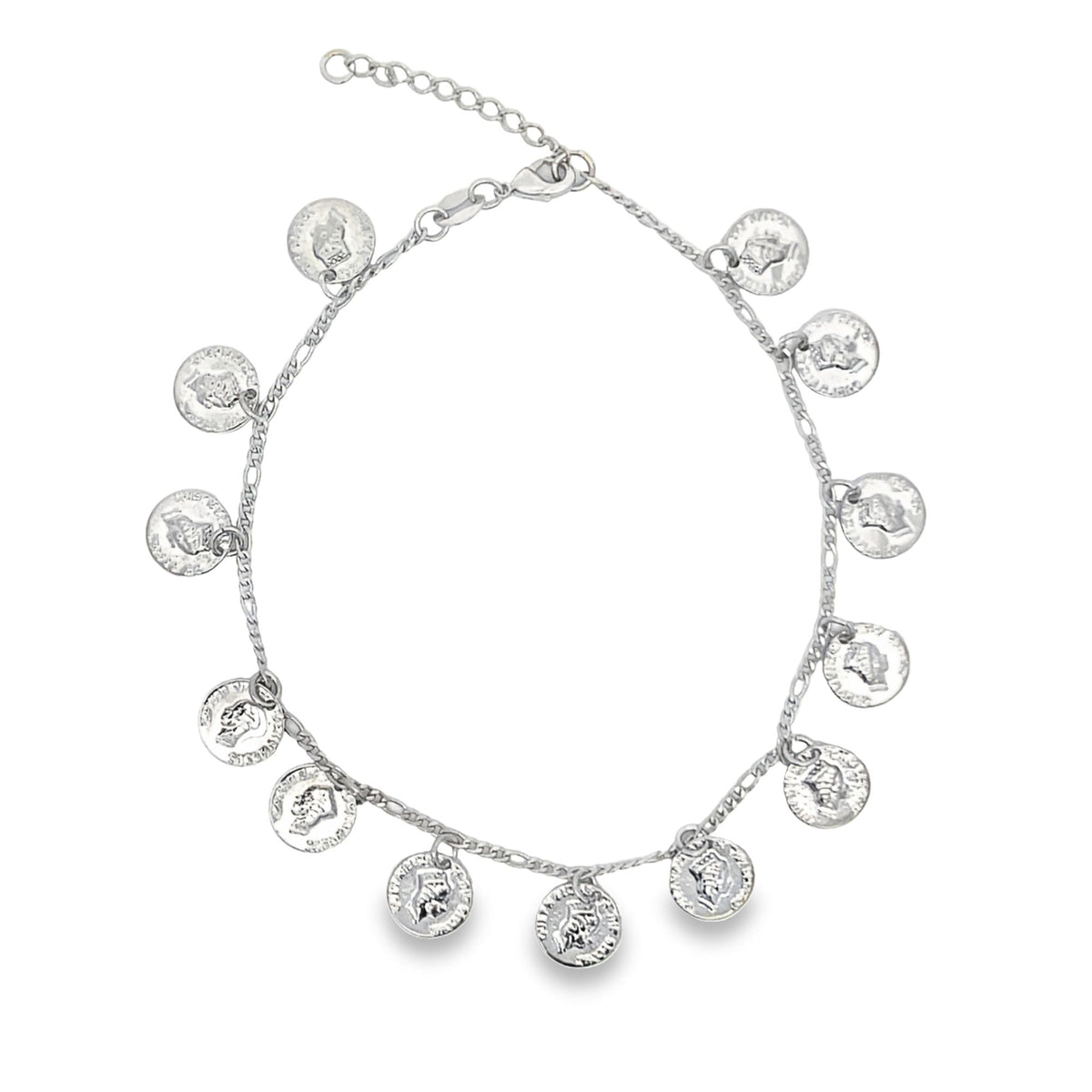 A delicate silver chain anklet features dangling coin charms in a curved arrangement against a white background.
