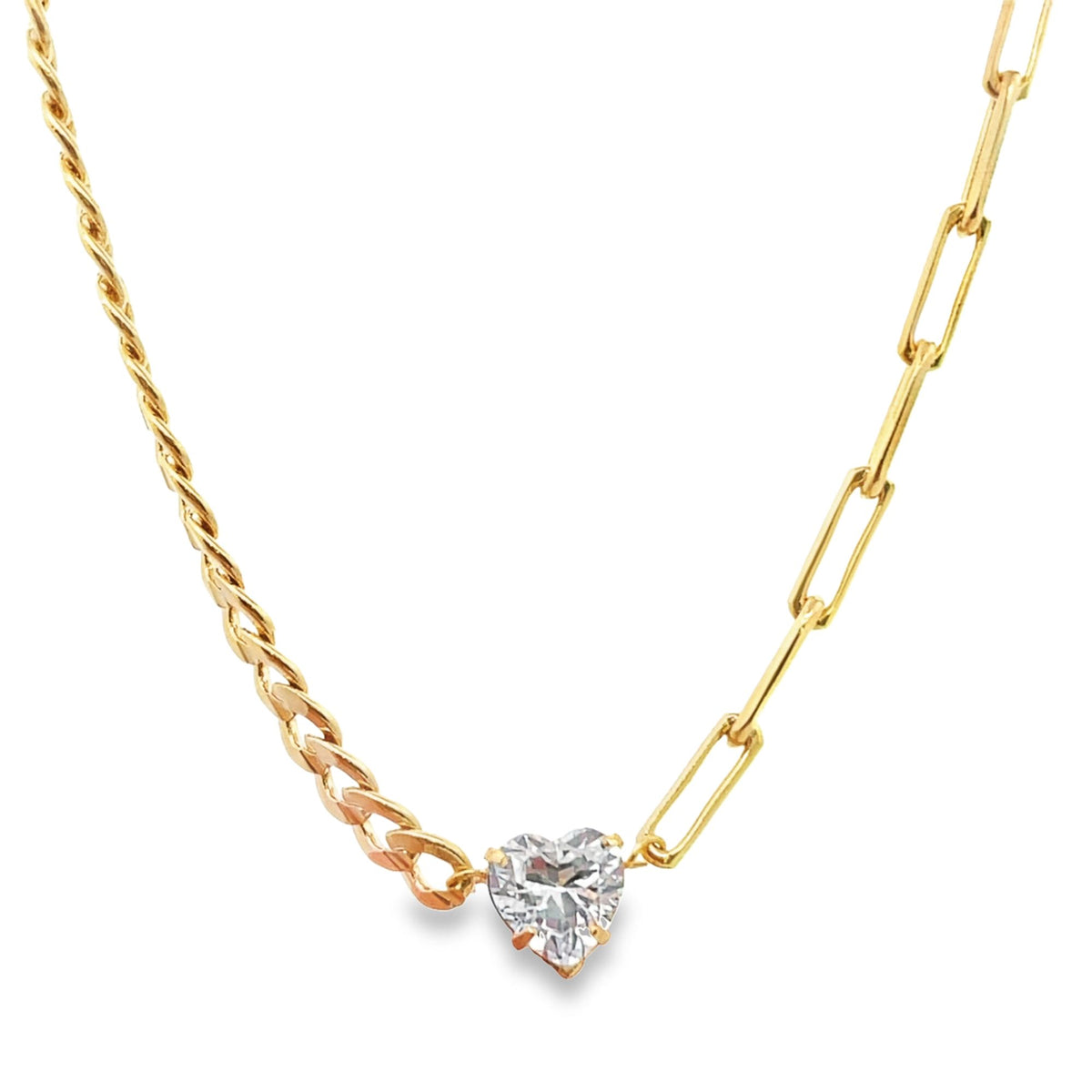 A unique gold necklace features a sparkling heart-shaped diamond pendant suspended between a twisted chain on one side and rectangular links on the other.