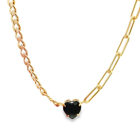 A gold chain necklace features a black heart-shaped gemstone pendant, showcasing a mixed link design with half rope and half paperclip chain.
