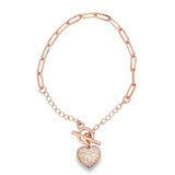 Paper Clip Chain Bracelet With A Heart Clear Micro CZ Stones (I126)