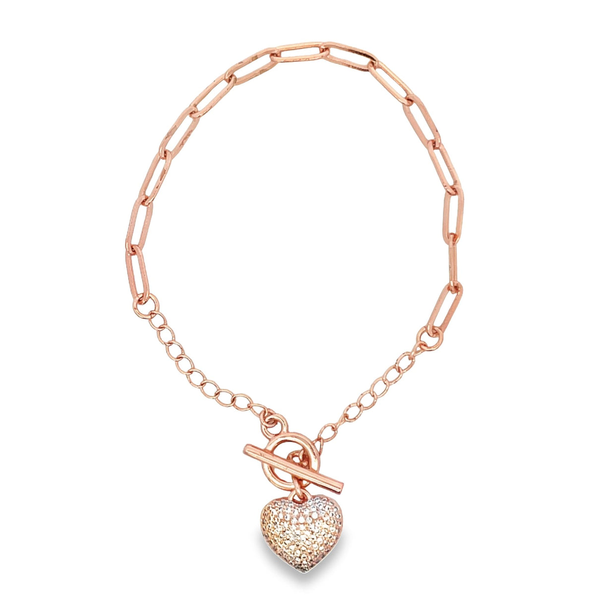 A delicate rose gold paperclip and cable chain bracelet features a sparkling pave-set heart toggle clasp dangling at the bottom.
