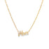 A delicate gold paperclip chain necklace displays the word "Mom" in script lettering as a pendant against a white background.