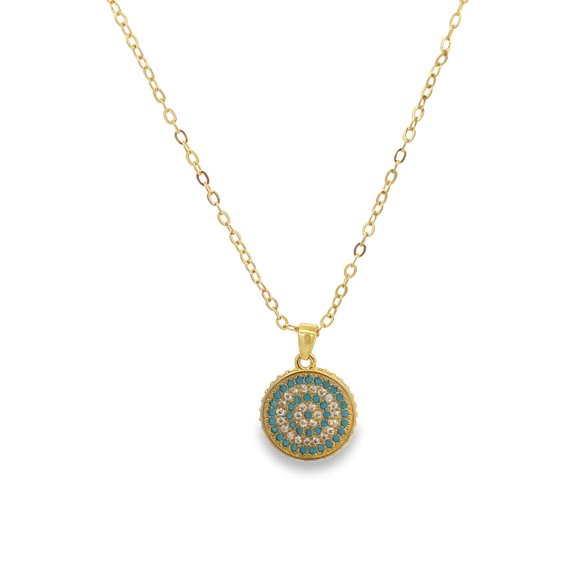 A delicate gold chain necklace features a round evil eye pendant sparkling with turquoise and clear crystals.