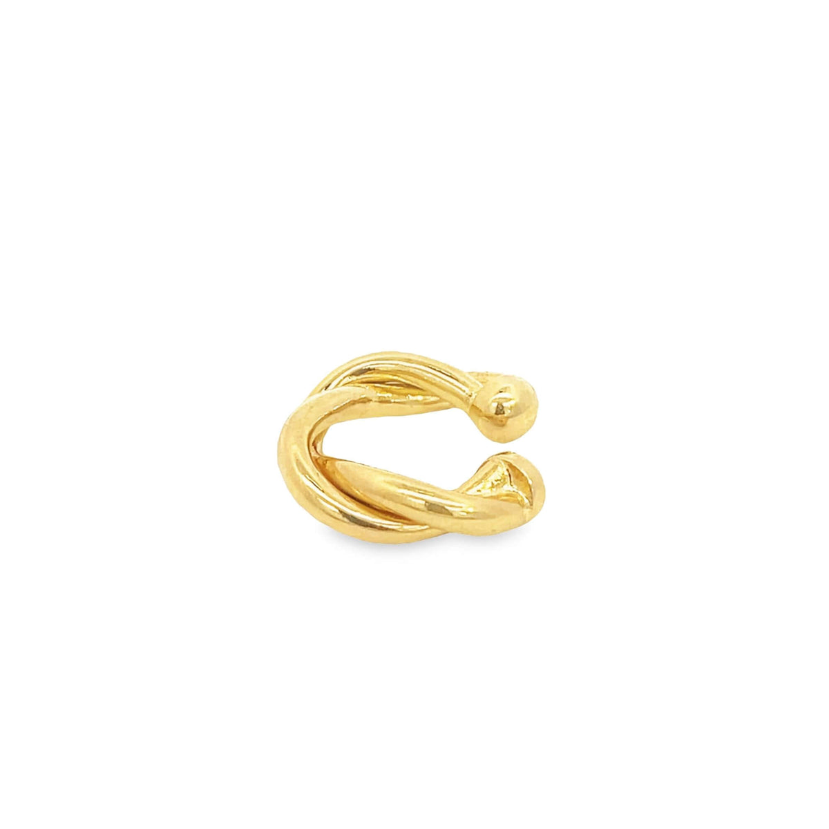 A polished gold ear cuff features an interlocking multi-band design against a white background.