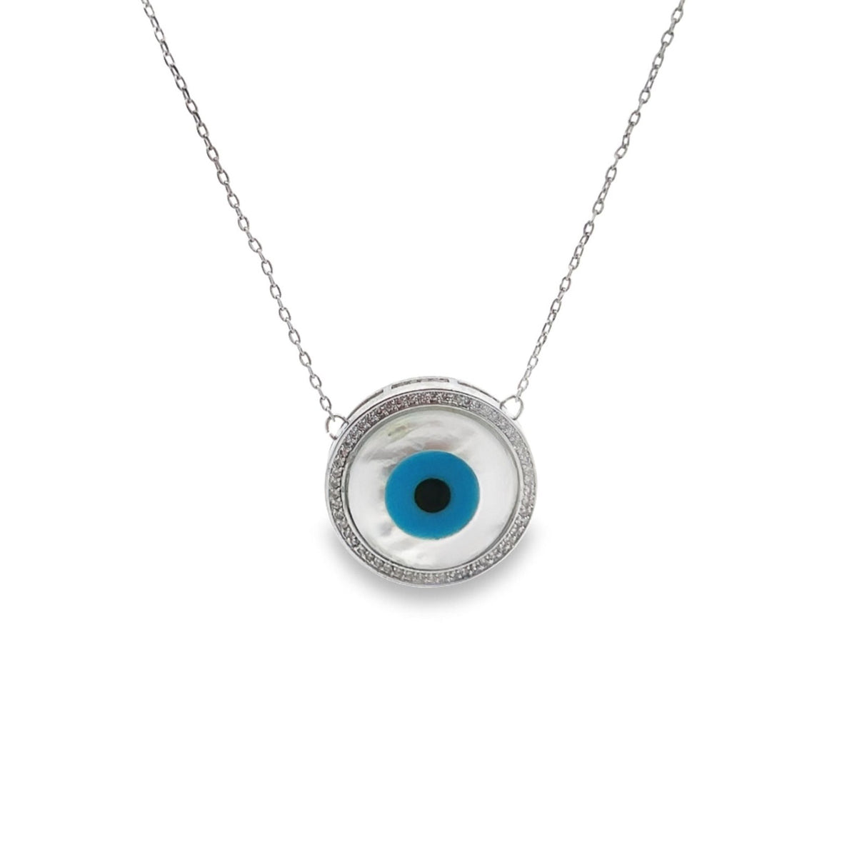 A sterling silver evil eye pendant necklace features a mother-of-pearl center and a sparkling pave-set halo on a delicate chain.