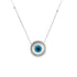 A delicate silver chain necklace features a round evil eye pendant with a mother-of-pearl center and a sparkling diamond halo.