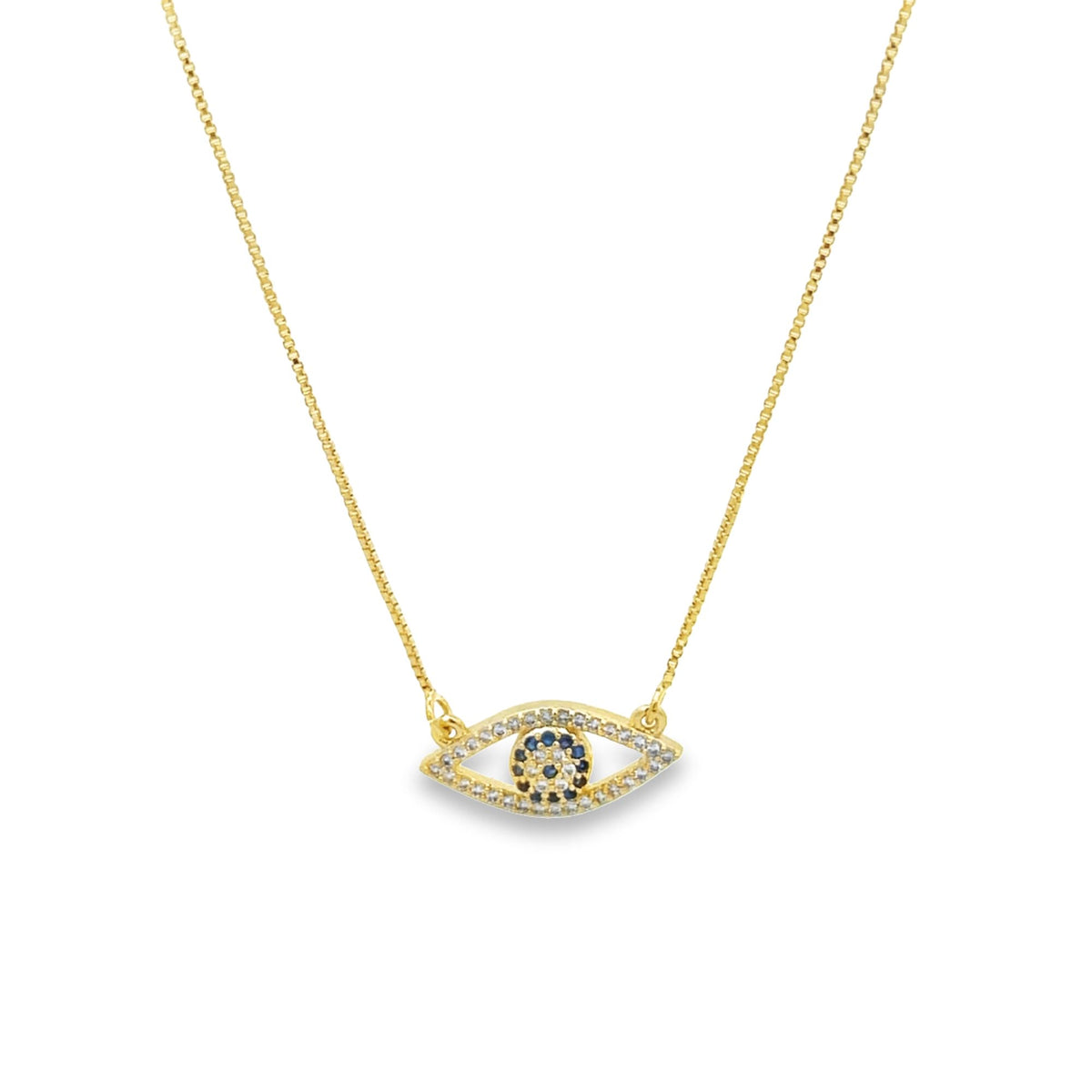 A delicate gold evil eye necklace with shimmering pave diamonds hangs against a clean white background.