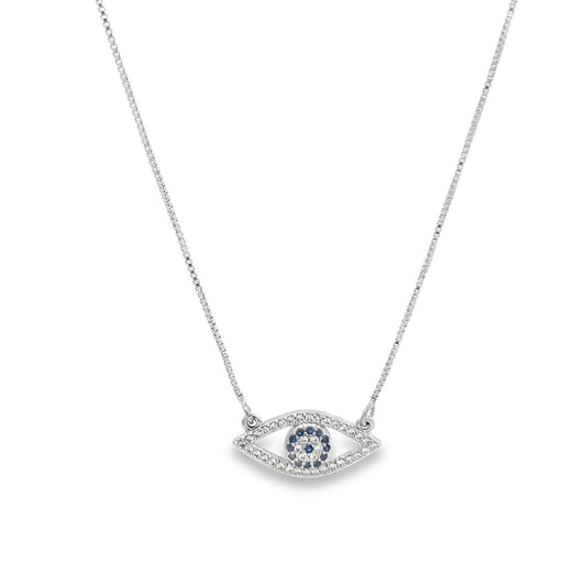 A sparkling sterling silver evil eye pendant necklace features a delicate box chain and pave-set cubic zirconia stones surrounding a blue center.
