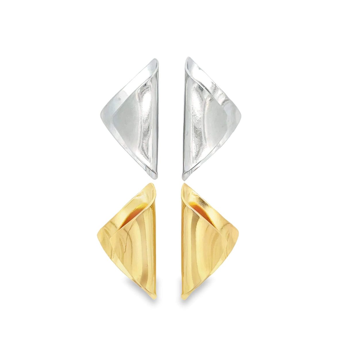 A pair of silver and a pair of gold geometric triangular hoop earrings lie displayed against a white background.