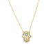 A delicate gold chain holds a sparkling Hamsa hand pendant featuring a protective blue evil eye in the center.