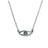 A delicate silver evil eye pendant necklace features a turquoise-accented eye motif hanging from a fine chain.