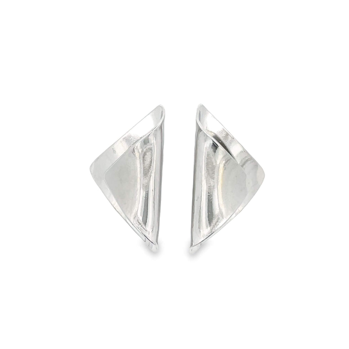 A pair of modern silver geometric triangle earrings shines against a clean white background.