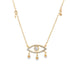A delicate gold evil eye necklace features sparkling cubic zirconia crystals and dangling star charms against a clean white background.