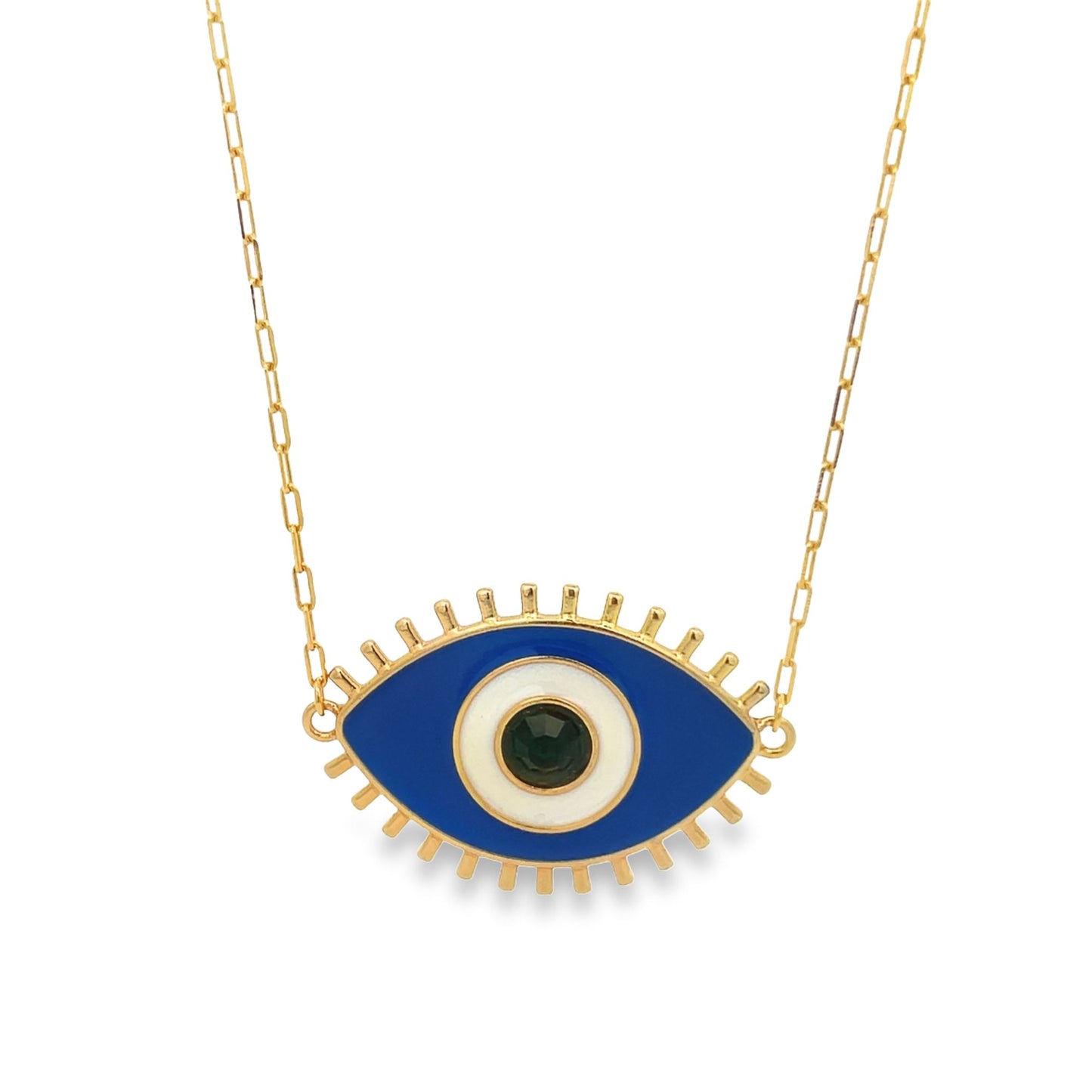 A delicate gold chain holds a striking blue and white enamel evil eye pendant featuring a dark central crystal.