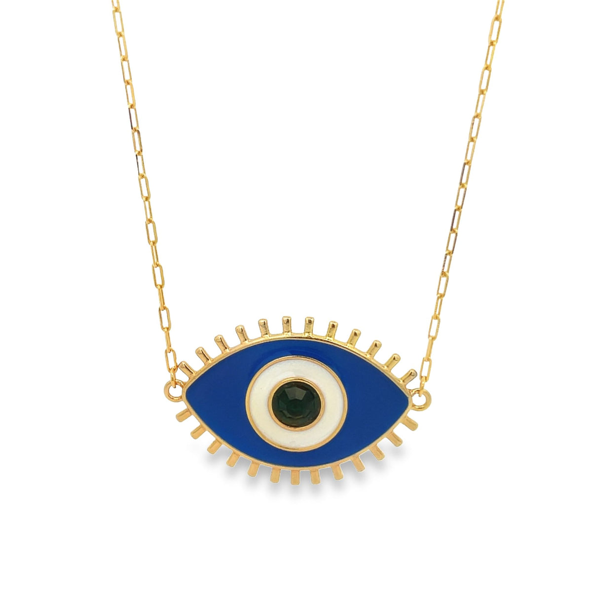 A delicate gold chain holds a striking blue and white enamel evil eye pendant featuring a dark central crystal.