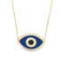 A delicate gold chain holds a striking blue and white enamel evil eye pendant featuring a dark central crystal.