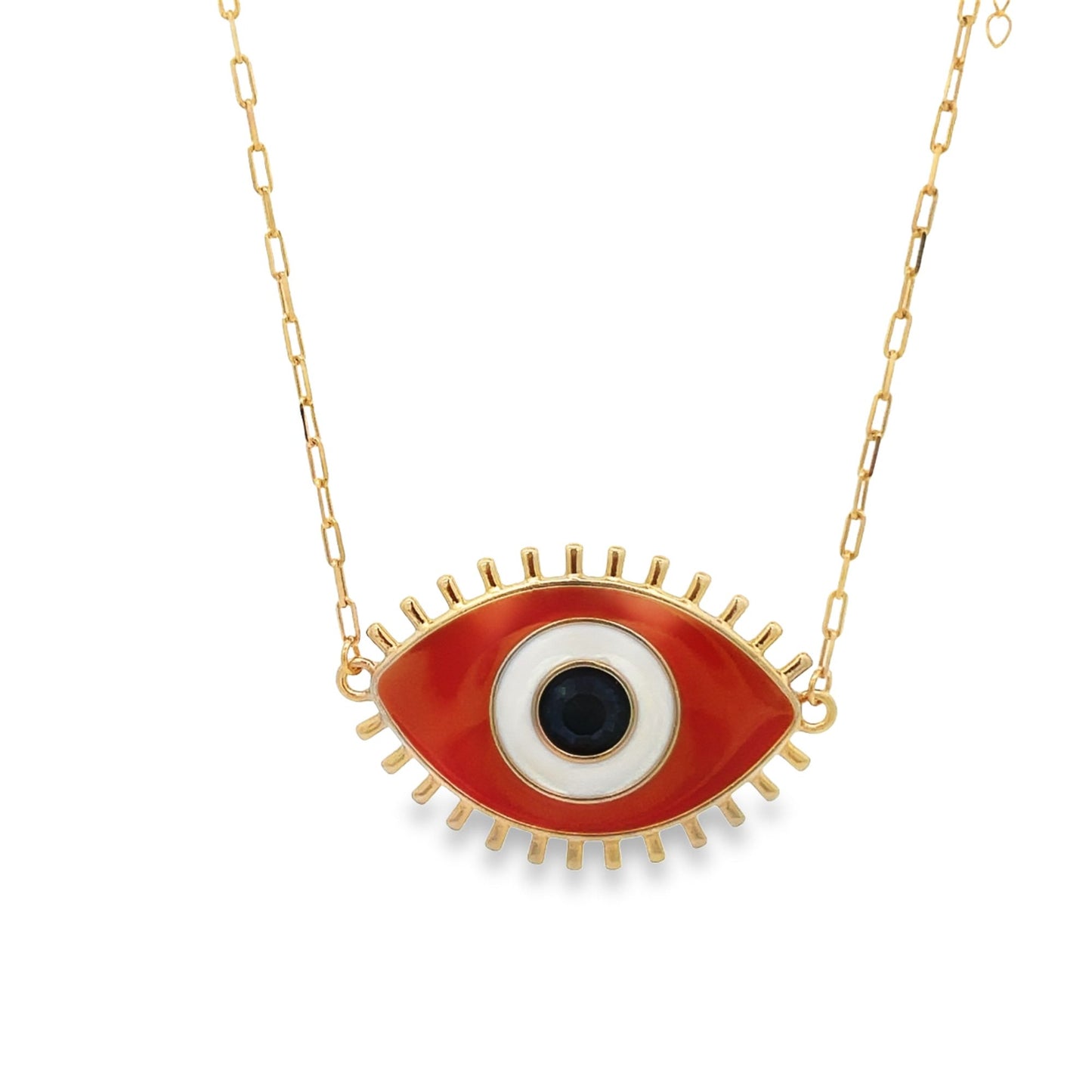 A delicate gold chain suspends an enamel evil eye pendant featuring vibrant red, white, and black details.