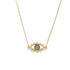 A delicate gold chain holds an intricate evil eye pendant featuring teal and white enamel details.