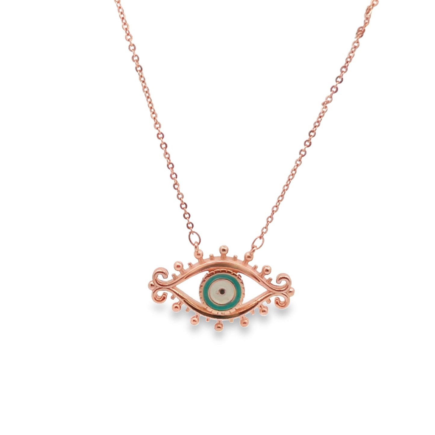 A rose gold evil eye pendant necklace features a detailed eye design with blue and white enamel accents on a delicate chain.