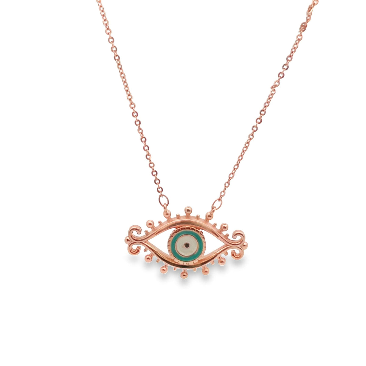 A rose gold evil eye pendant necklace features a detailed eye design with blue and white enamel accents on a delicate chain.