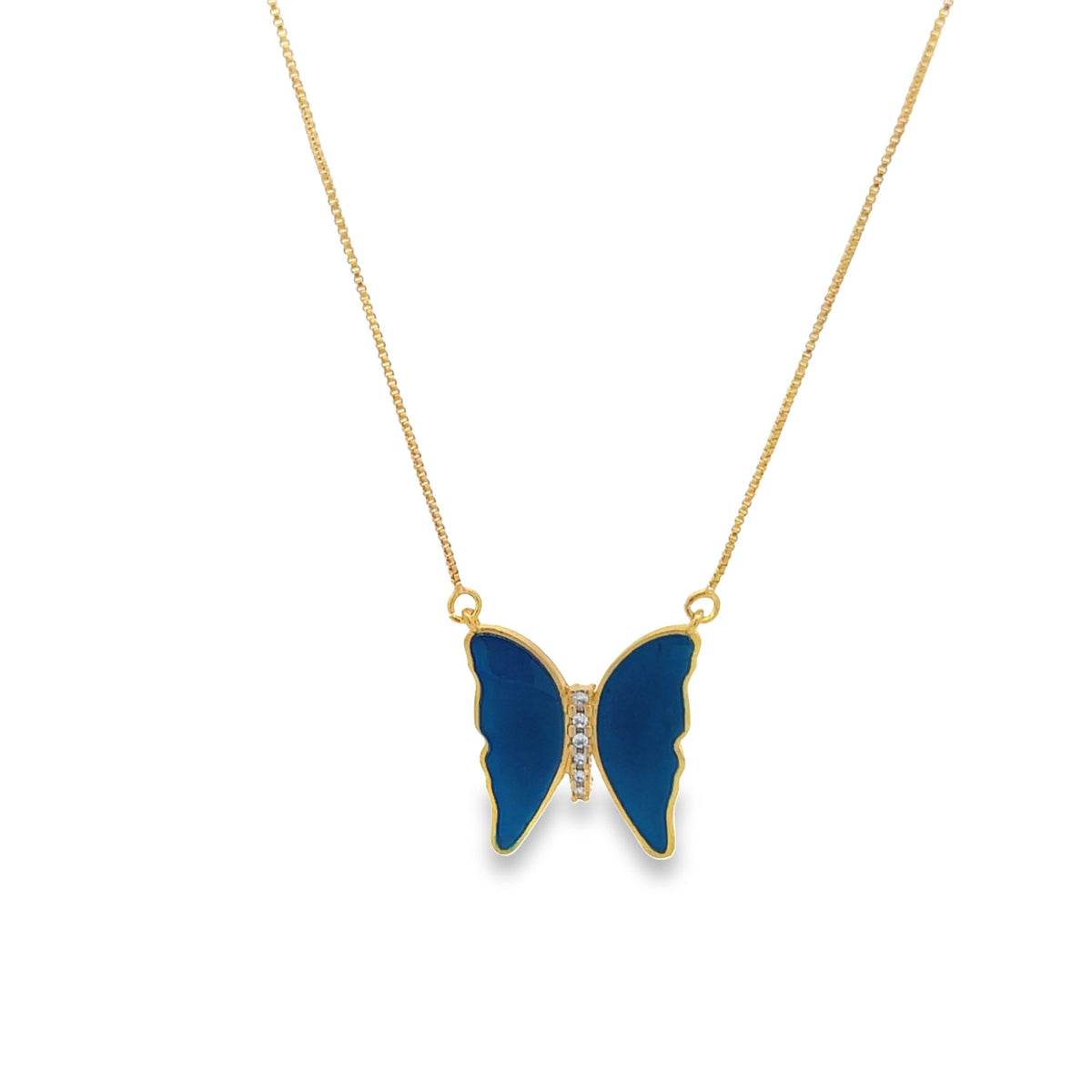 A delicate gold chain holds a vibrant blue enamel butterfly pendant accented with sparkling cubic zirconia stones.