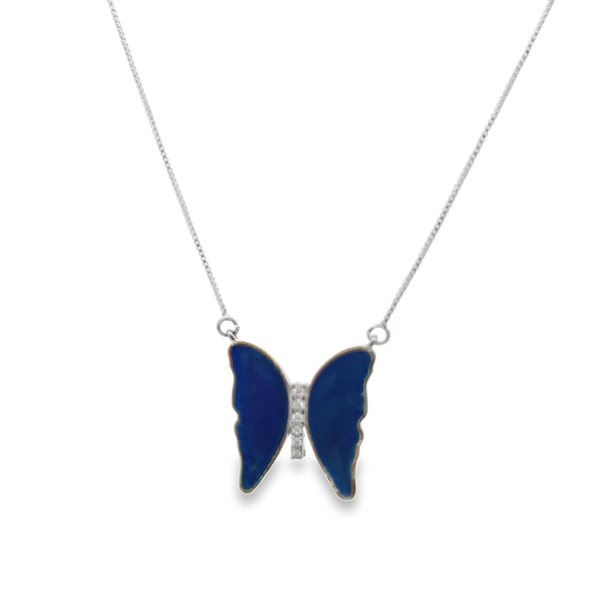 A silver chain necklace features a delicate blue butterfly pendant with sparkling crystal details along the center.