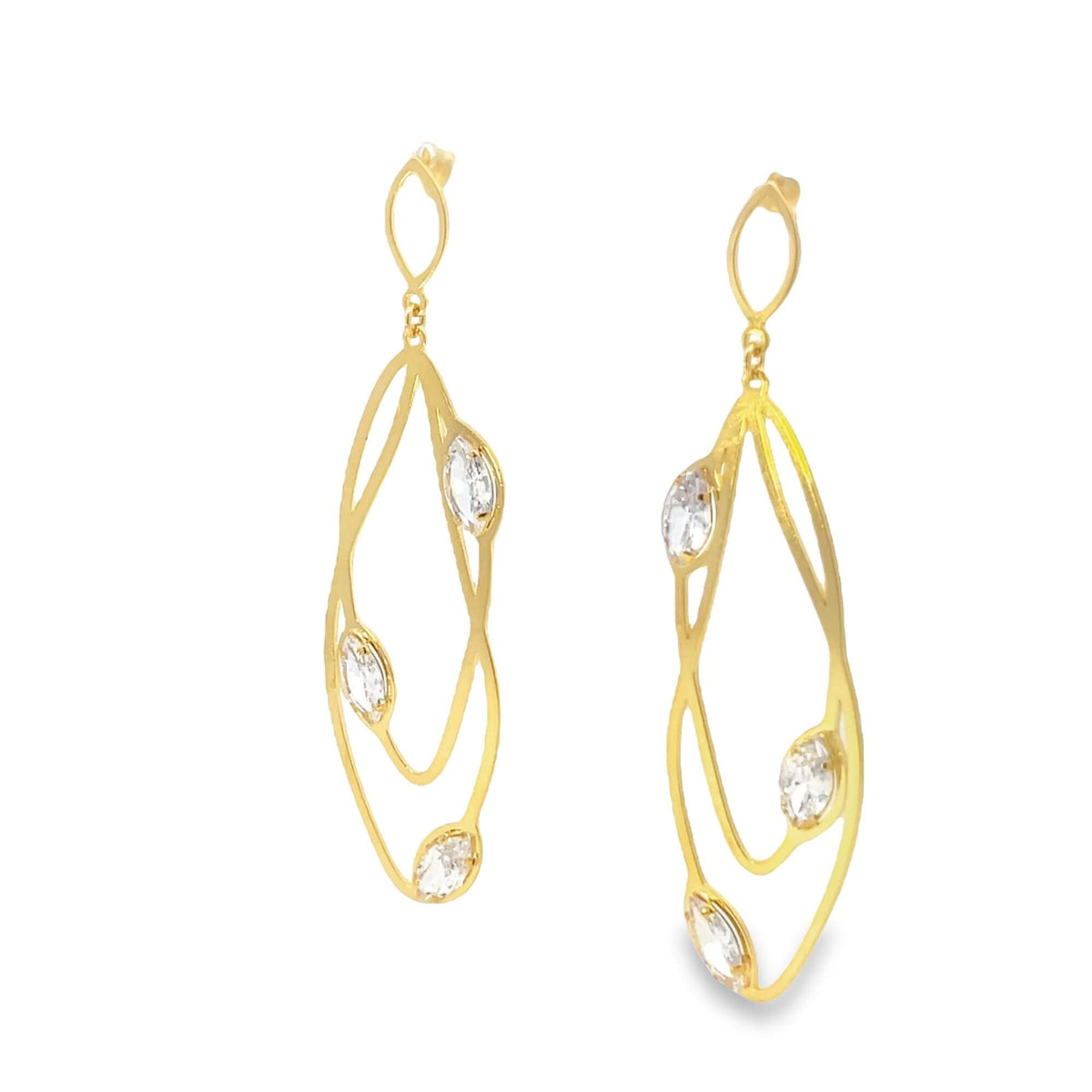 A pair of elegant gold dangle earrings featuring abstract intertwined loops accented with sparkling zirconia stones.
