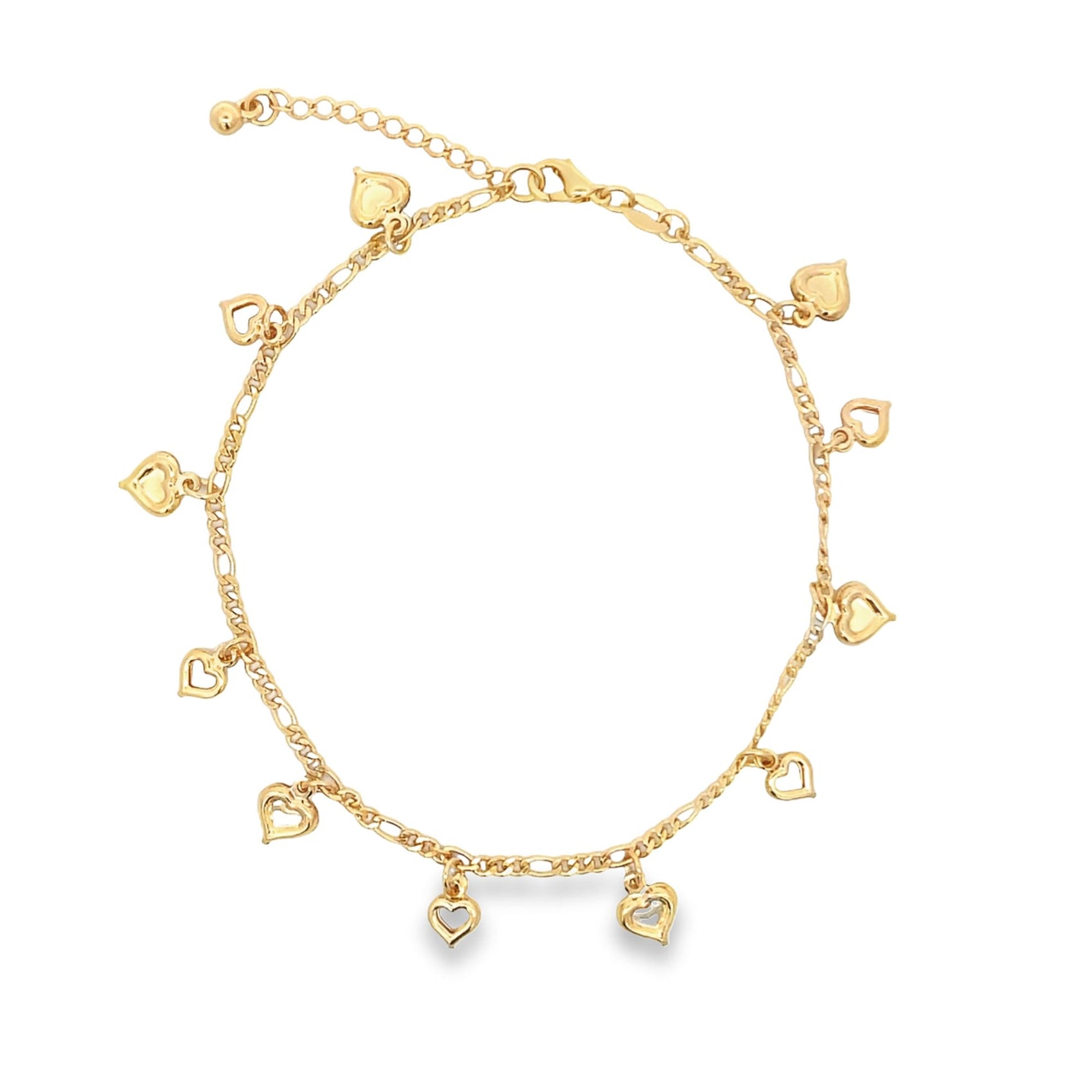 A delicate gold heart charm anklet dangles multiple small heart charms along its linked chain on a white background.
